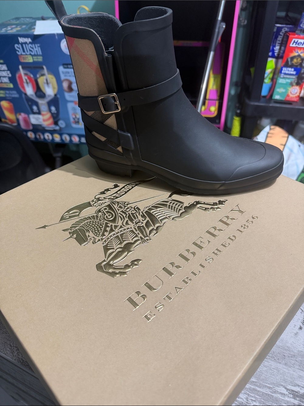 Burberry Black Ankle Boot with Signature Check Heel Panel